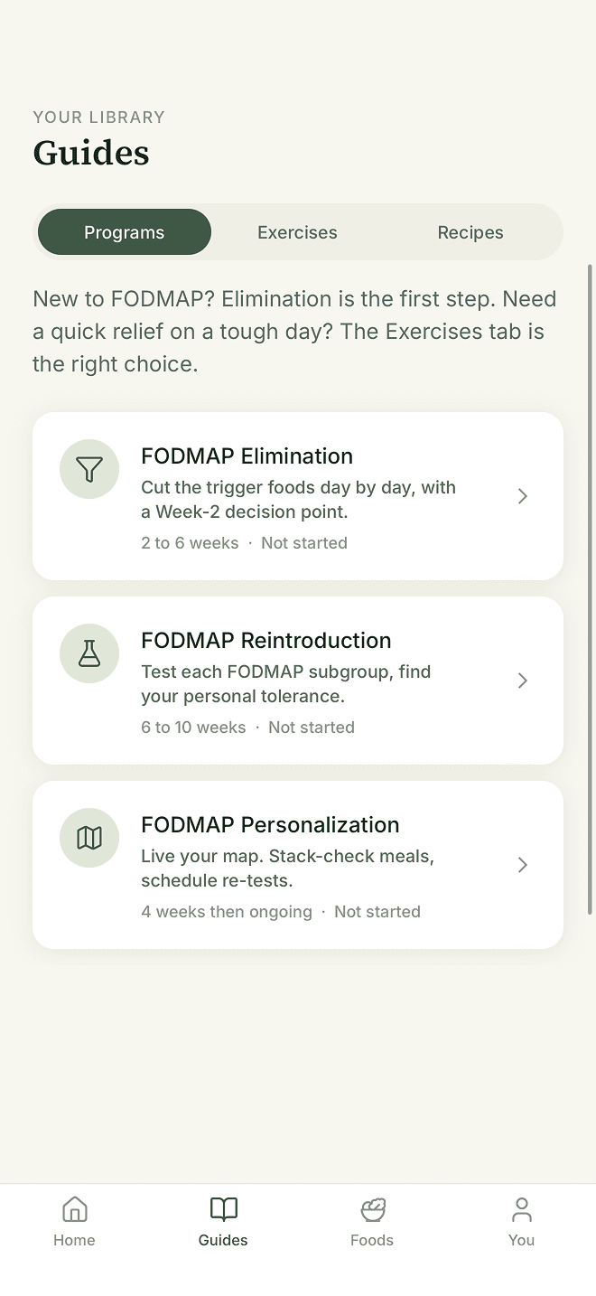 Unsibo guides tab with the FODMAP elimination, reintroduction, and personalization programs