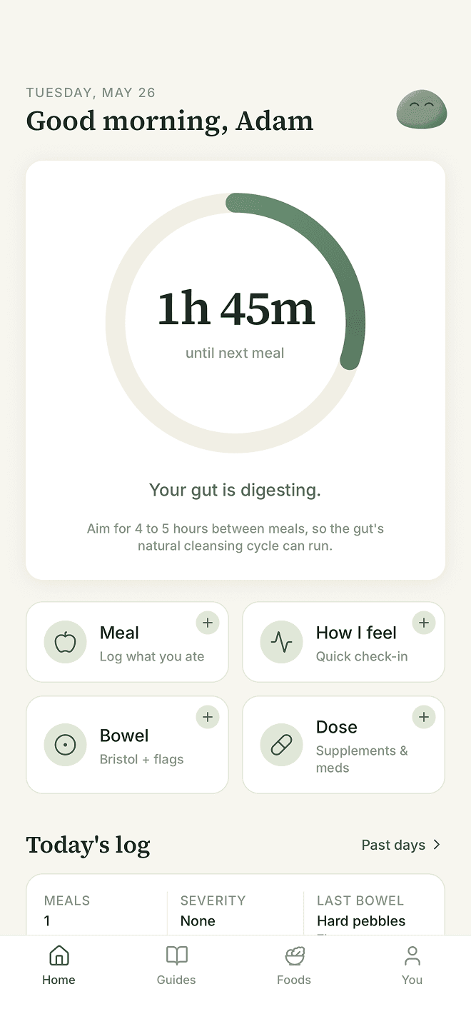 Unsibo home screen with the meal-spacing countdown ring